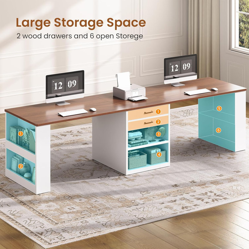 90.5" 2 Person Computer Desk, Long Office Desk With Storage Drawers, Brown/White