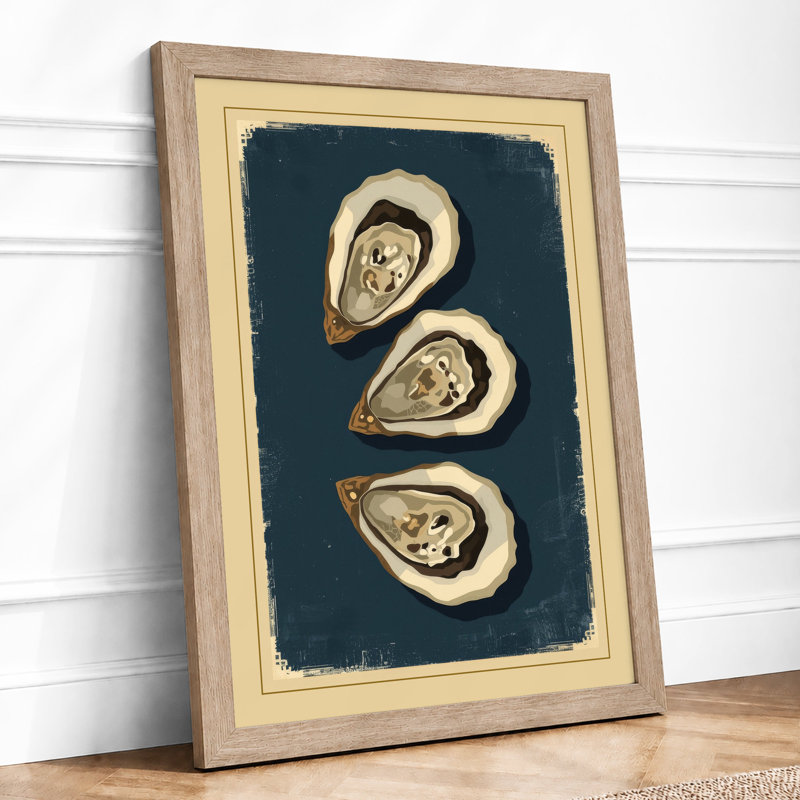 Three Oyster Shells Coastal - Framed Print, A3 - 42.0 x 29.7 cm, Oak