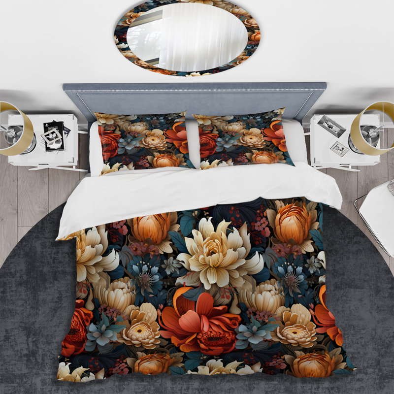 Art Nouveau Botany Peonies Pattern III - Floral Duvet Cover Set, King Duvet Cover + 2 King Shams