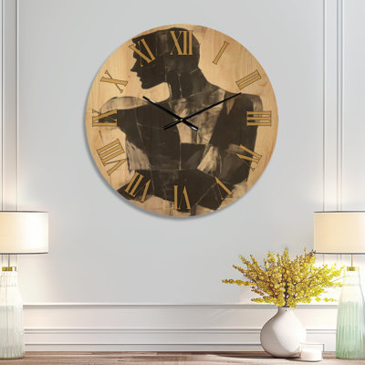 Horloge murale ronde moderne noire à motif silhouette fracturée, imprimée sur bois