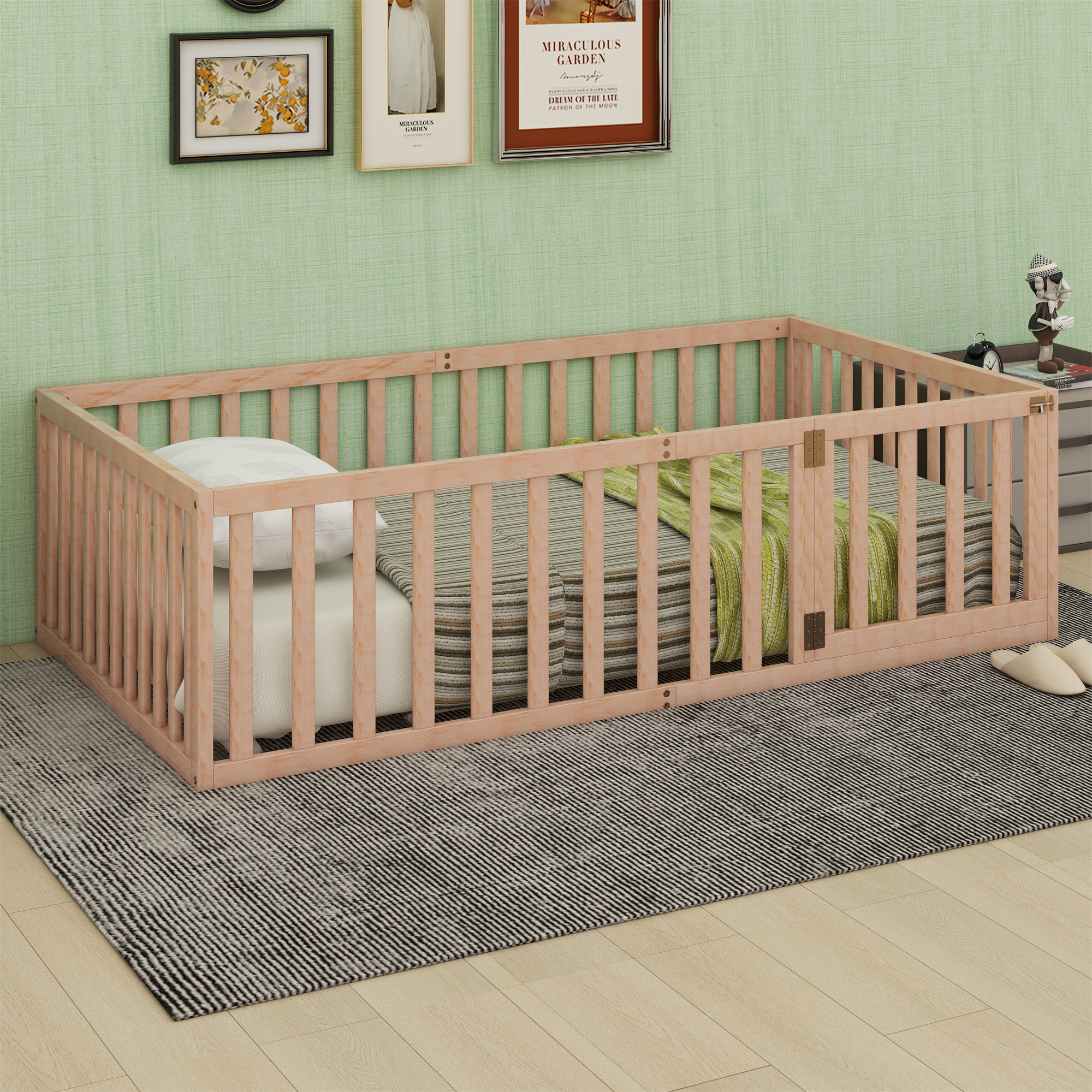 Winston Porter Wooden Floor Bed Frame With Fence and Door | Wayfair