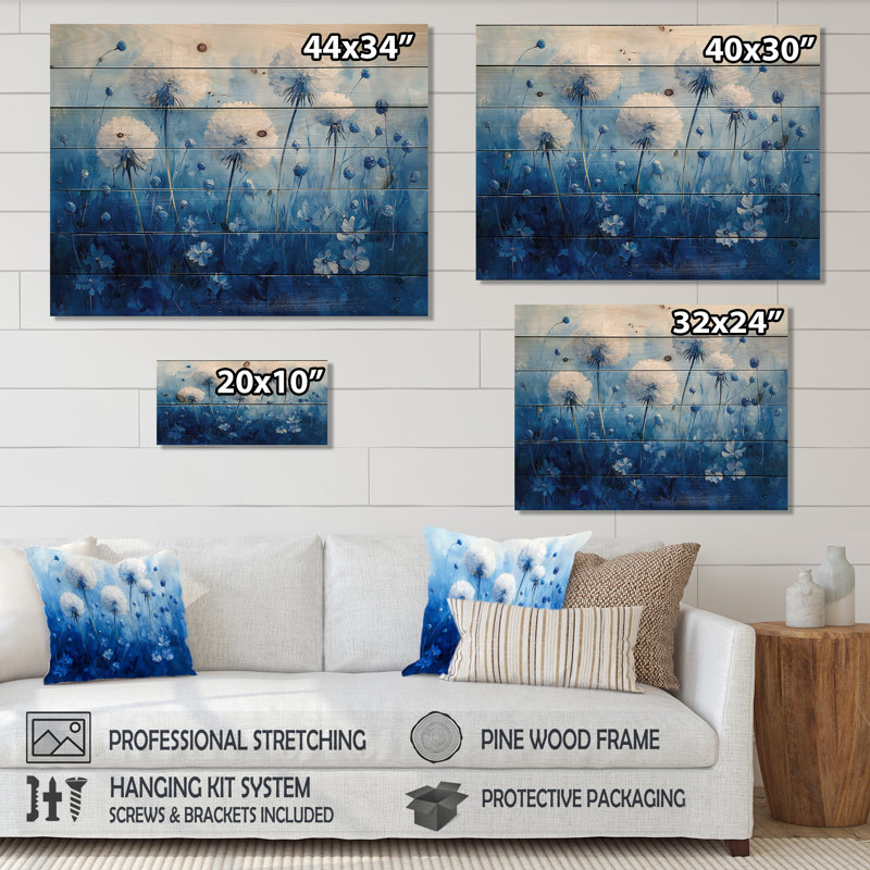 Doux pissenlit lueur dans l'aquarelle Blues II - art mural en bois de pissenlit - sur bois de pin naturel