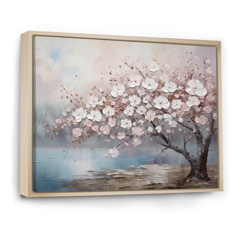 «Pink and Grey Cherry Blossom Charm I», art mural encadré de fleurs, H 30 po x l 40 po x P 1,5 po, Cadre naturel flottant