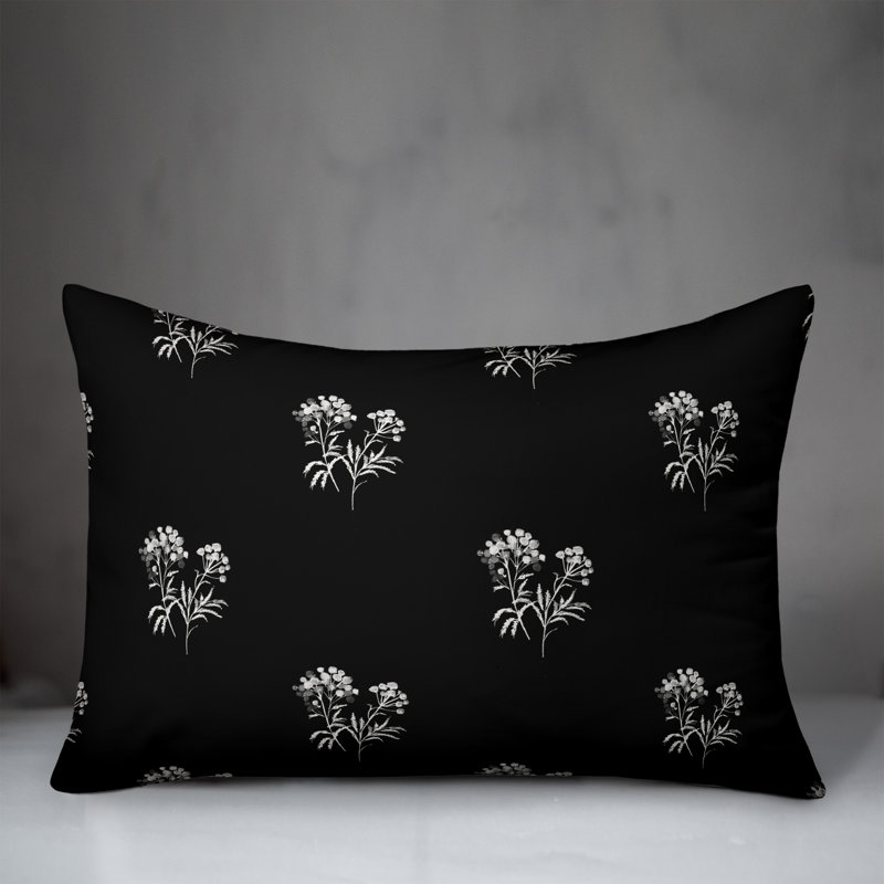  Coussin décoratif floral intérieur / extérieur en polyester, Noir, H 14 po x l 20 po