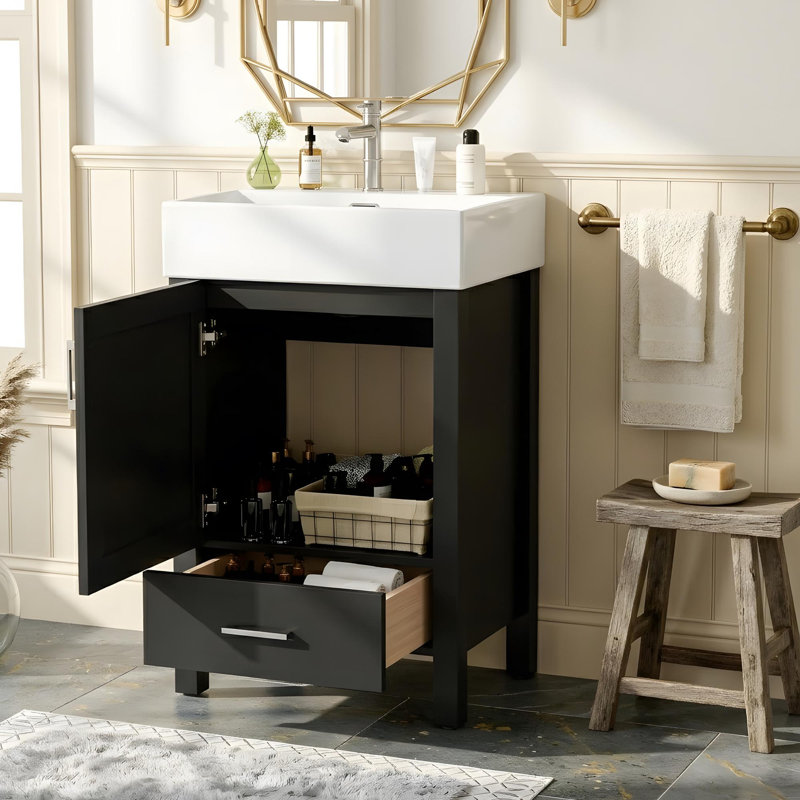 Meuble-lavabo 20,28 po avec lavabo en céramique, portes à fermeture douce et 1 tiroir, Noir
