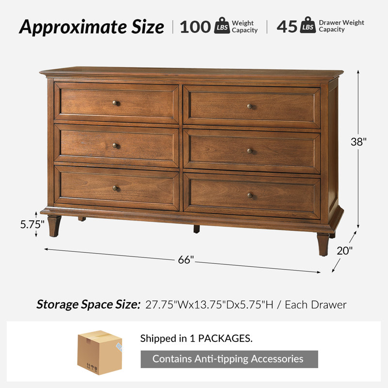 Commode 6 tiroirs avec panneau supérieur à couteaux et pieds en bois massif, Noyer