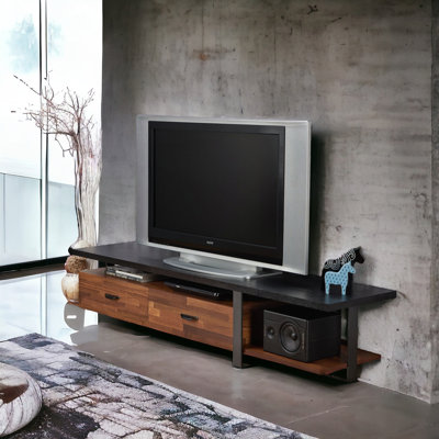 TV Stand with Drawers and Open Compartments in Walnut and Black Finish