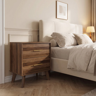 Table de chevet simple en noyer de style milieu du siècle, à 2 tiroirs, meuble de rangement moderne pour chambre à coucher avec poignées en métal