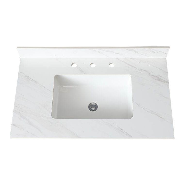 Meuble-lavabo en pierre frittée blanche de 37 po à 4 po, évier central rectangulaire, trous de robinet pré-percés et plateau indispensable avec accessoire pratique