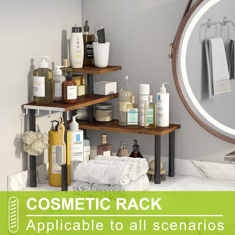 Kitchen Corner Shelf Countertop Organizer With Hooks Adjustable Spice Rack Corner Display Rack Shelf Corner Rack 3 Tier Storage Organization For Kitchen Counter Shelves(Rustic Brown)