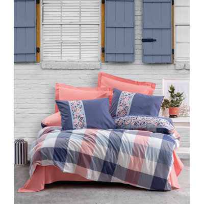 Ensemble de housse de couette 100% coton corail / bleu / blanc Aeilt