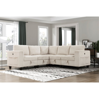 5-Piece Modular Sectional With Storage Seats, Side Pockets, Charging Ports Beige Corduroy Fabric Modern Living Room Sectional Couch Solid Wood Furniture
