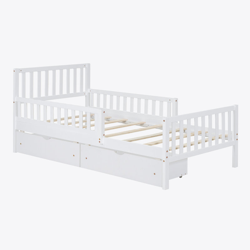 Twin Wood Platform Bed with Guardrails on Both Sides and Two Storage Drawers, White