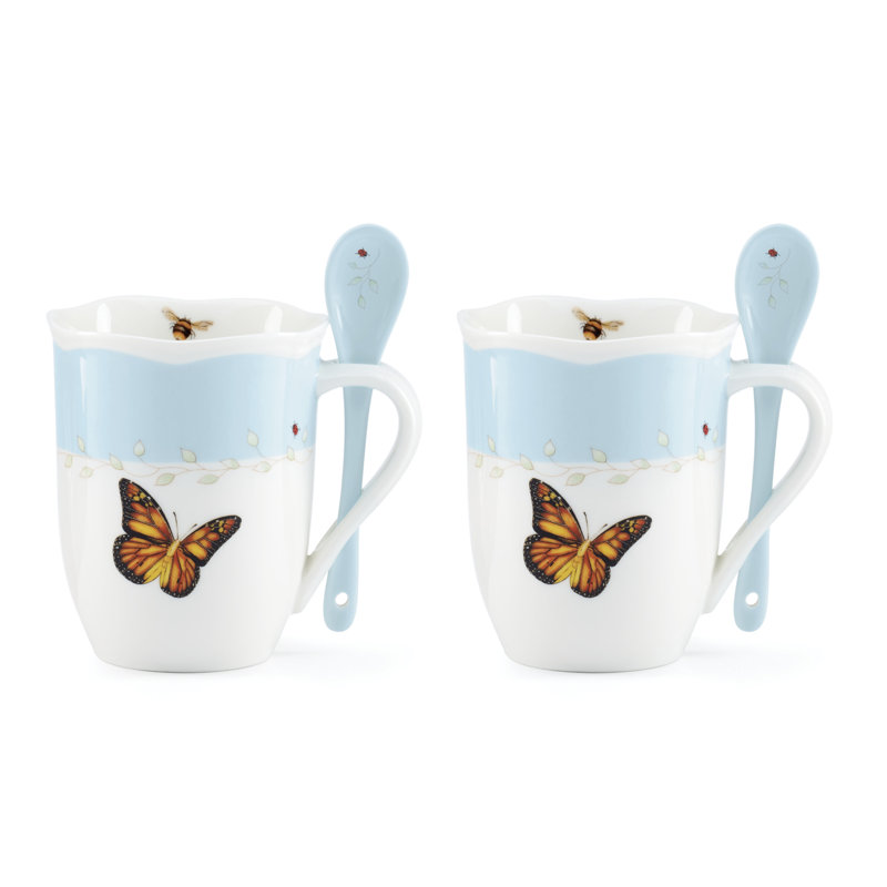 Lenox Butterfly Meadow Blue Mugs with Spoons, Set of 2