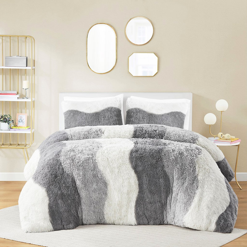 Shaggy Faux Fur Comforter For Twin/Twin Xl - Ombre Tonal Pattern Filling Soft Back Bedding Wave Washable, Black/White