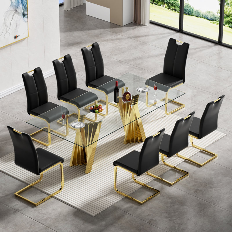 Glass Dining Table Set, 70" Glass Kitchen Table Set, Rectangle Dining Room Table with Dining Chairs, Modern Glass Dinner Table and Chairs Set