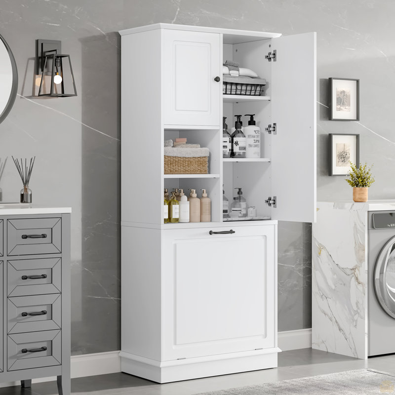 Grande armoire de rangement avec tablettes réglables, grand panier rabattable et armoires fermées, Blanc