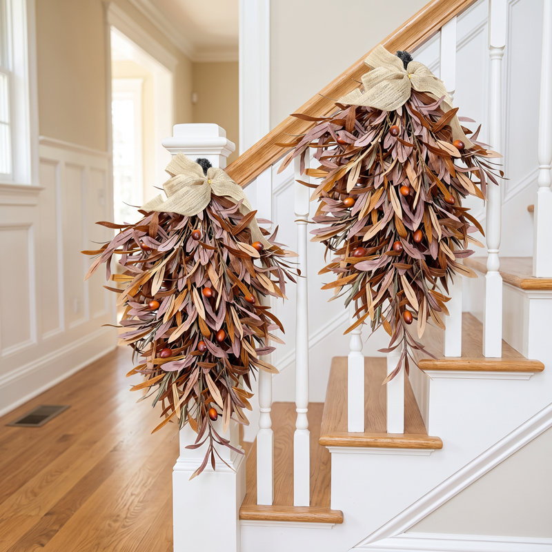 Paquet de 2 couronnes olive pour porte d'entrée, style campagnard, guirlande d'automne pour fête d'Halloween, couronne de feuilles d'olivier avec décoration murale de fenêtre en toile de jute