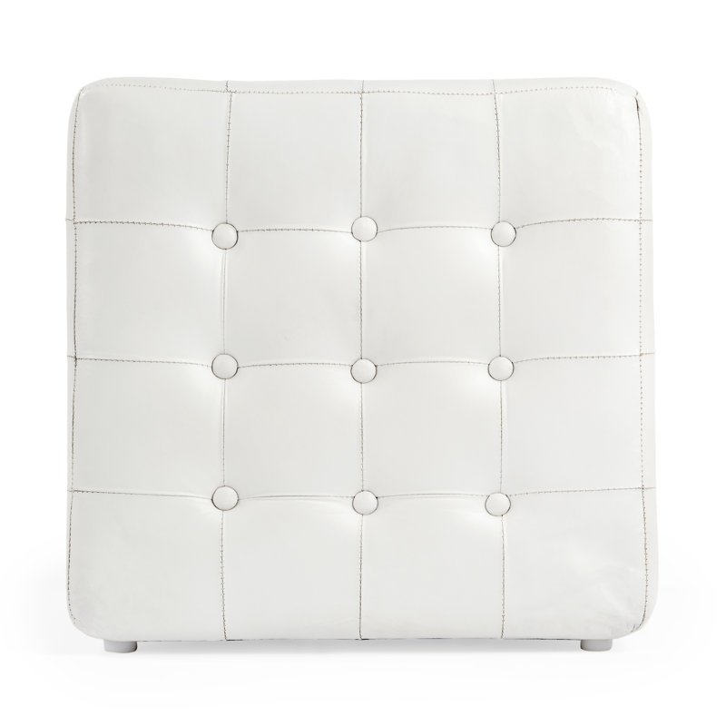 Leon Button Tufted Leather Ottoman, White Genuine Leather