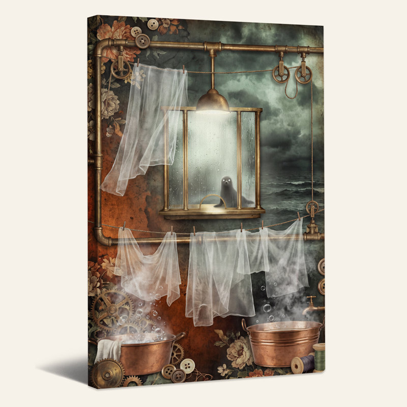 Baignoires en cuivre et linge suspendu dans une toile murale steampunk d'Halloween, 24"H x 16"W