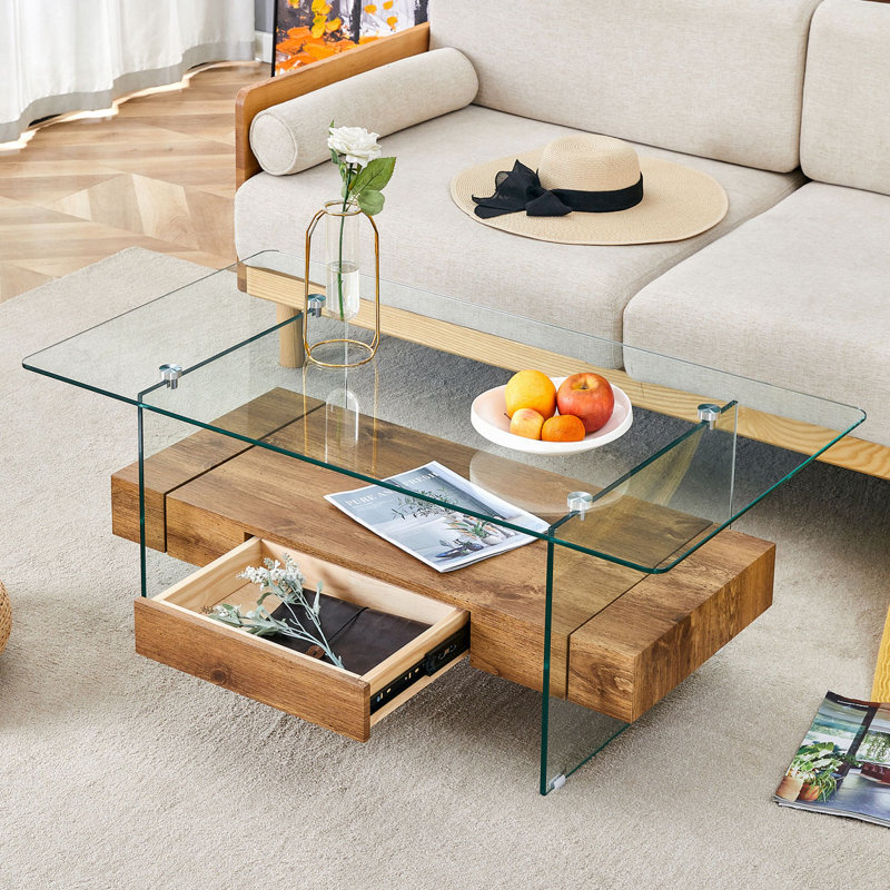 Table basse à dessus en verre, Bois naturel