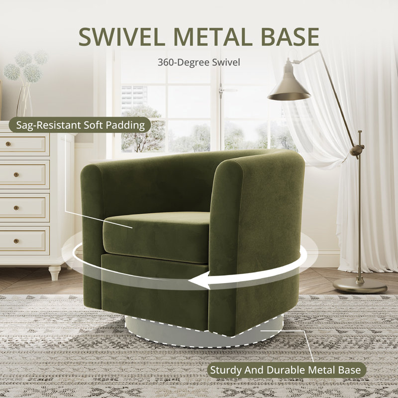 Upholstered Swivel Barrel Chair with Storage Ottoman, 24.5″ Wide Small Accent Chair, 360° Rotation, Green