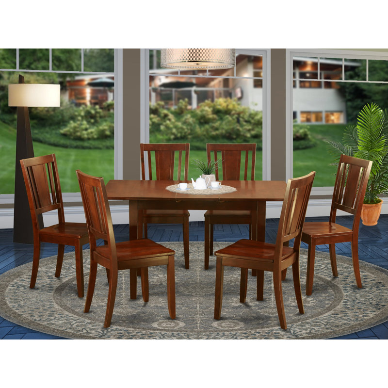 7 Piece Modern Dining Table Set Consist of a Rectangle Wooden Table with Butterfly Leaf and 6 Dining Room Chairs, Mahogany