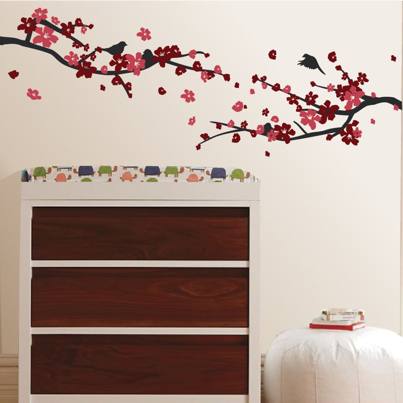 Décalcomanie murale petites fleurs de cerisier, Noir / rouge, H 20 po x l 24 po x P 0,01 po