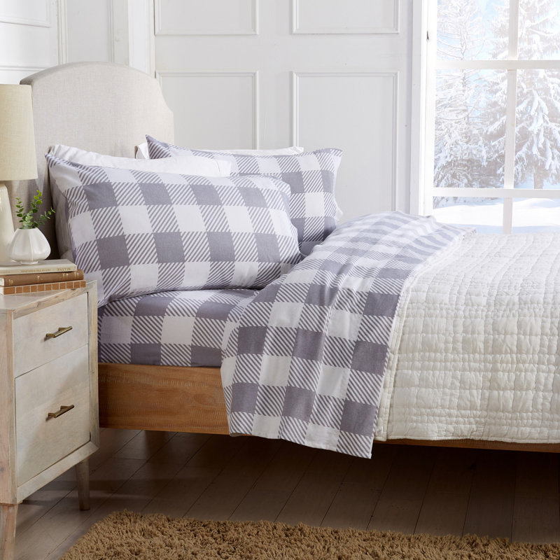 Ensemble de draps 100% flanelle 400 fils 400 fils, Ensemble de draps pour lit double avec une taie d', Carreaux gris Buffalo