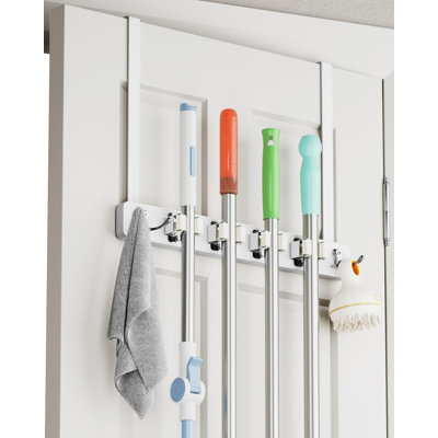 Porte-balai au-dessus de la porte, porte pour balai et porte-balai, organisateur suspendu avec 4 supports et 2 crochets, décor de rangement pour cintre en bois, organisateur pour outils de buanderie pour le garage de placard, sans perceuse