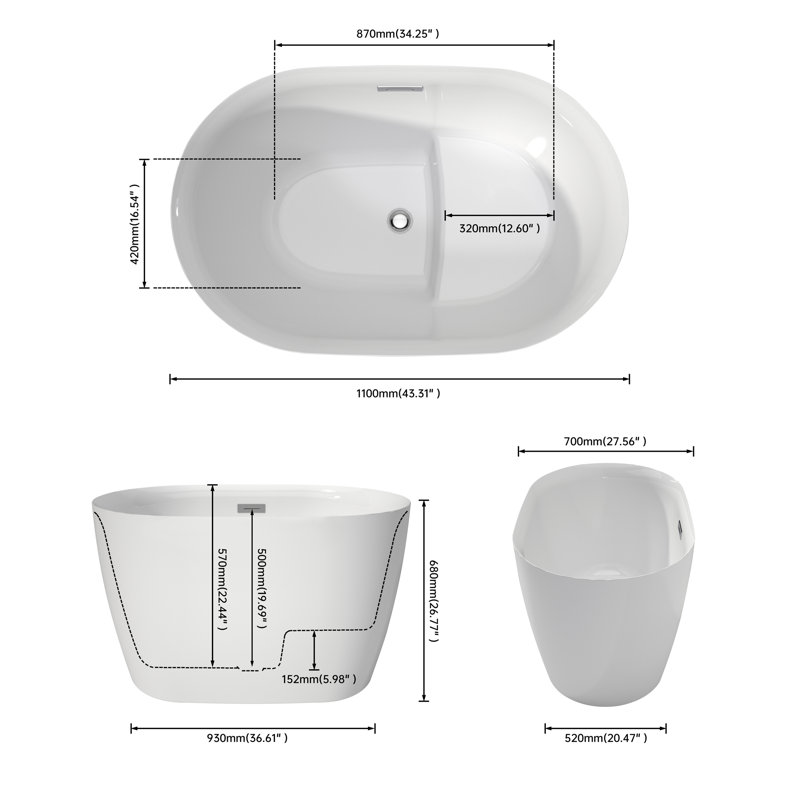 43" Premium Acrylic Free Standing Bath Tubs Modern Soaker Tub With Seat In White