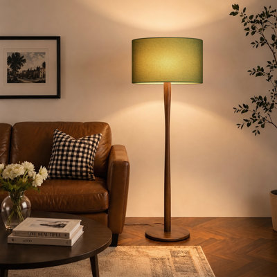 Lampe sur pied minimaliste moderne en bois de noyer naturel 61,4 po avec abat-jour tambour en lin vert, certifiée cULus pour les tables d'appoint de salon, les coins de chambre à coucher ou les salles d'étude