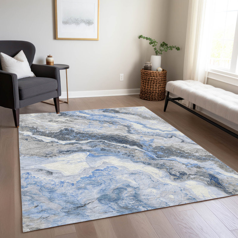 Machine Washable Indoor/Outdoor Cinead ACN1709 Blue Rug, Rectangle 5' x 7'6"