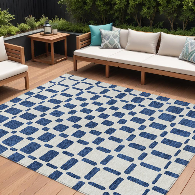 Tapis extérieur lavable à motif géométrique bleu marine et ivoire 10 pi x 14 pi