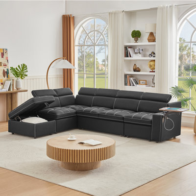Canapé modulaire en tissu noir avec repose-pieds et lit convertible, parfait pour la vie moderne et les chambres d'amis.