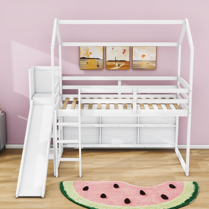 Lit mezzanine simple en bois avec glissoire, tablettes de rangement et lumière, Blanc