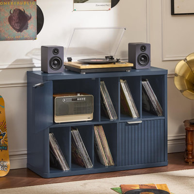 39.5-Inch Fluted Record Player Stand with Vinyl Storage, Open Shelves & Closed Cabinets