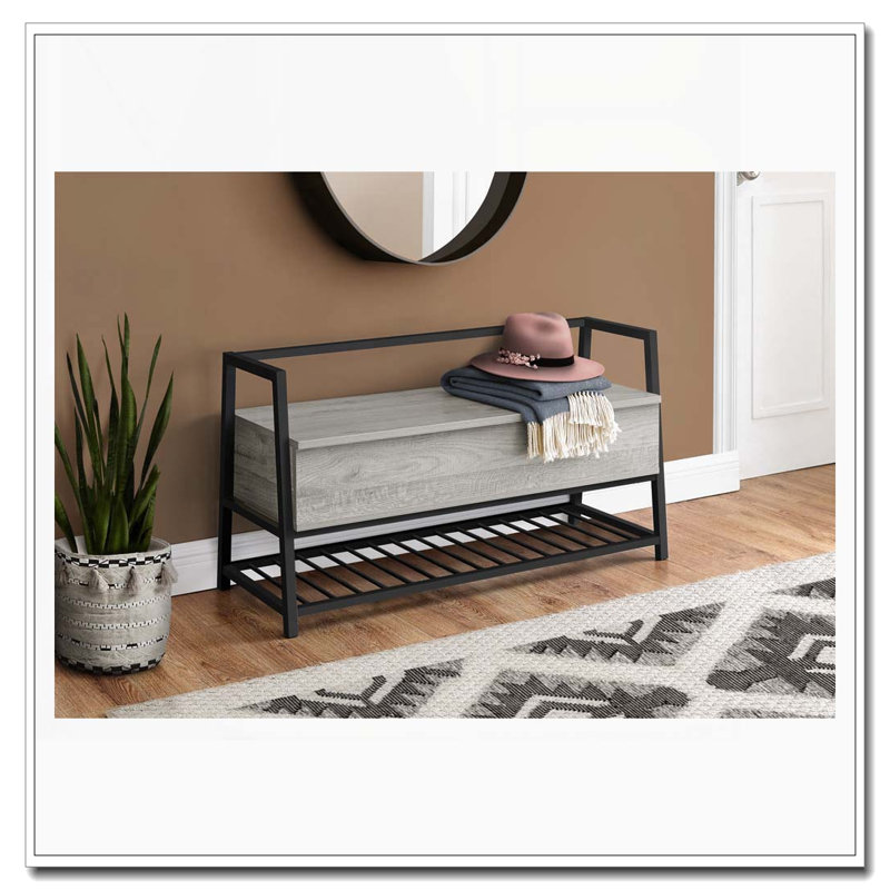 Banc de rangement rabattable avec étagère à chaussures et structure en métal noir, Gris