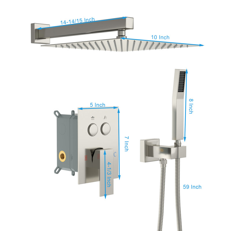 Douche carrée de 10 pouces avec deux têtes - Nickel brossé, valve, pluie et système de pulvérisation murale, équilibré
