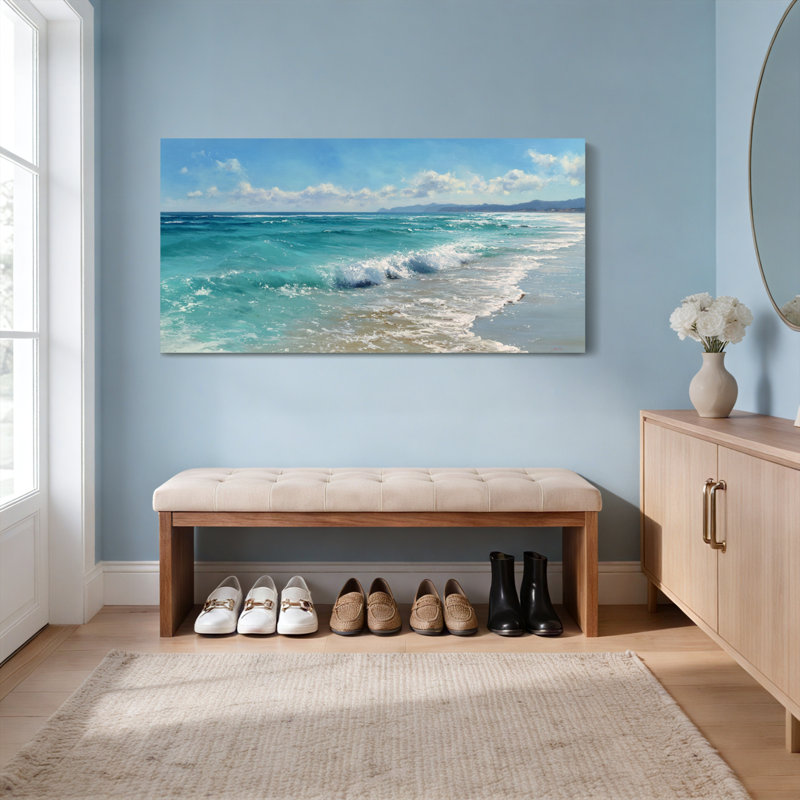 Ensemble de 1 tableau sur toile tendue représentant une scène de plage avec des vagues océaniques, H 28 po x l 58 po