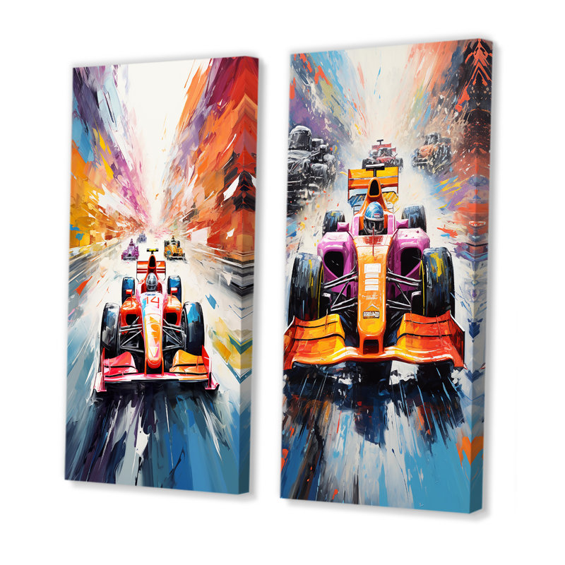 Formule de course sur fond de vitesse fauve coloré I - ensemble de 2 reproductions d'art, Toile tendue, H 28 po x l 25 po