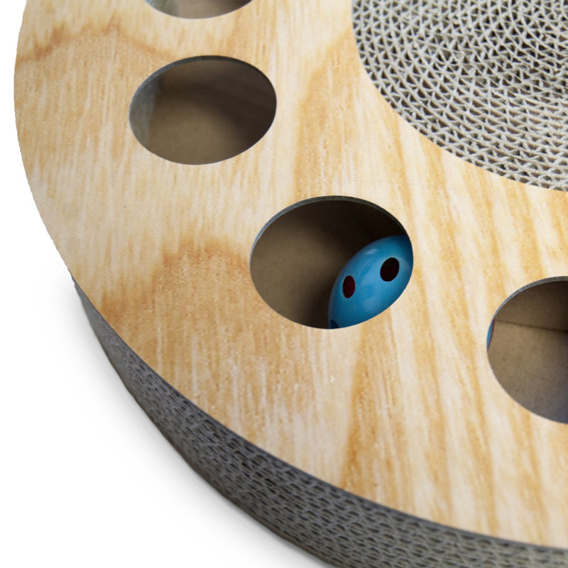Round Tan Cardboard Cat Scratcher with Toy Balls