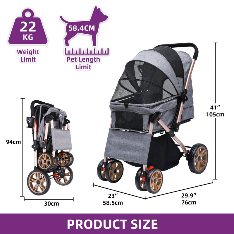 Foldable Pet Stroller For Small And Medium Dogs, Grey