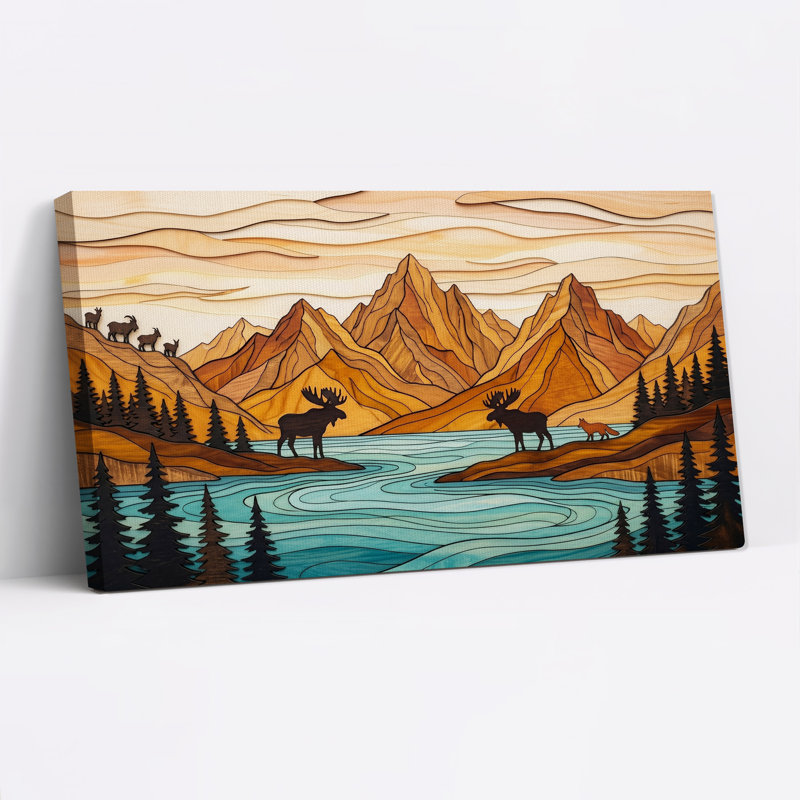 Tableau sur toile de style bois superposé représentant un orignal et un lac de montagne, L 40 po x H 20 po