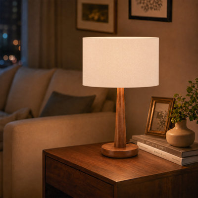 Lampe de table moderne en bois massif de 47 cm (18,5 po) avec abat-jour cylindrique en lin blanc et variateur d'intensité progressif, certifiée UL pour une utilisation comme lampe de chevet, lampe de bureau, lampe de travail ou lampe d'ambiance dans le salon.