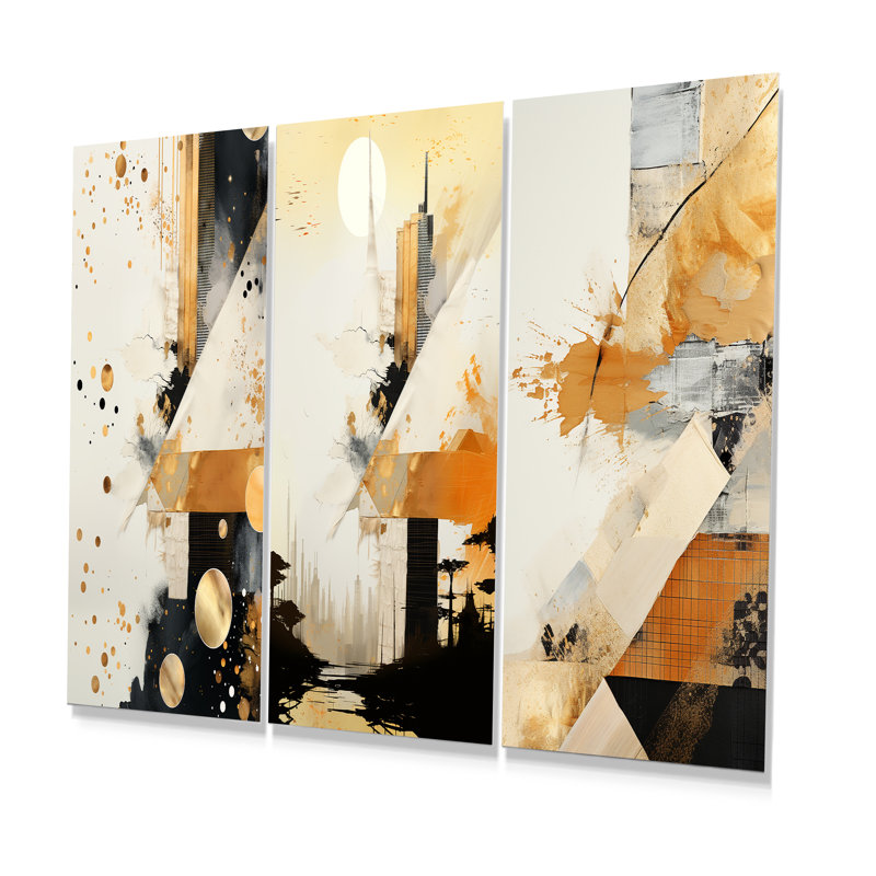 Ensemble de 3 reproductions d'art murales grises et dorées au coucher du soleil, H 28 po x l 36 po