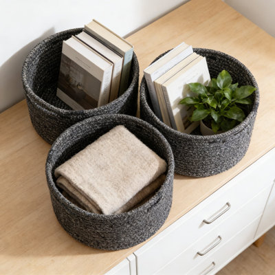 Paniers de rangement en corde de coton tissés à la main, bacs de rangement décoratifs ronds avec poignées renforcées pour la maison, les tablettes, les bureaux, les jouets et les cadeaux