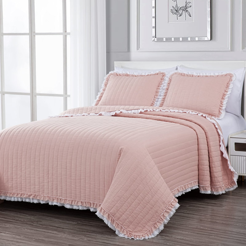 Bonnie Double Frayed Ruffled Edge Cotton Quilt Set, King Quilt + 2 King Shams, White/Blush