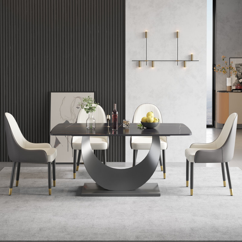 Ensemble de table de salle à manger à piédestal en pierre 7 pièces, Noir, Brun / blanc / noir