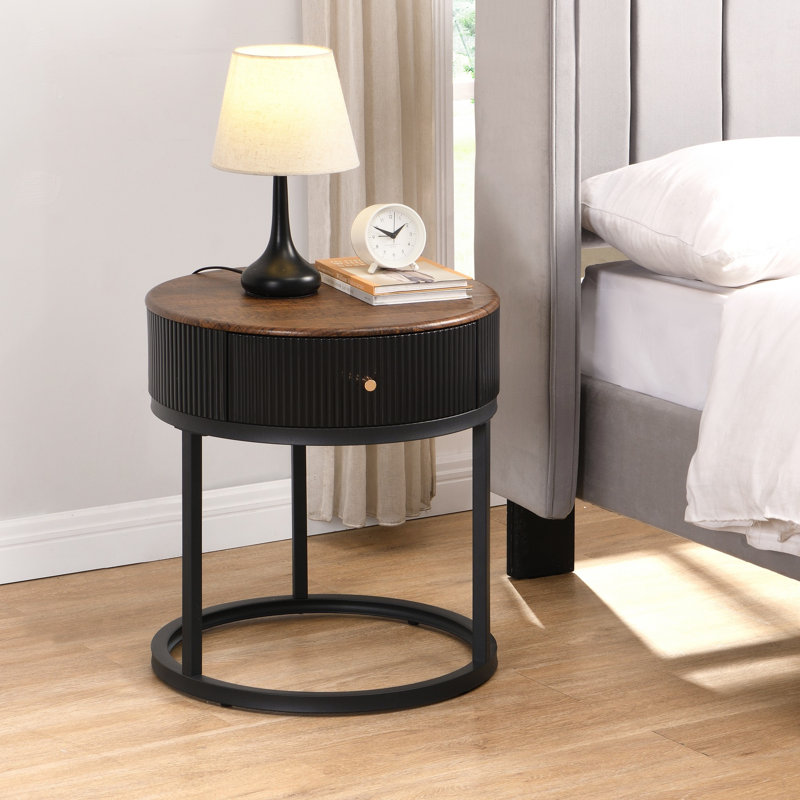Round End Table Side Table with Drawer, Black/Brown, Black